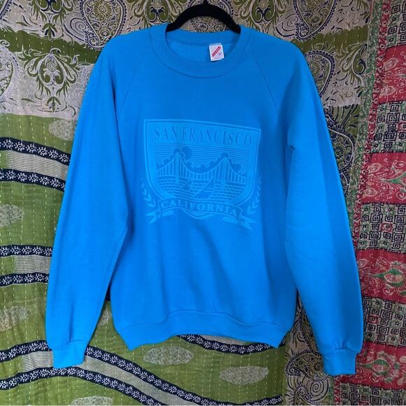 Vintage 90's Jerzees Blue San Fransisco Crewneck Sweatshirt Size Large - Picture 1 of 13
